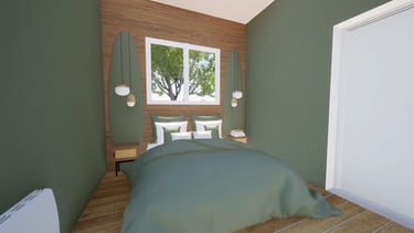 Rendu 3D d'une chambre avec un lit et une fenêtre et des éléments de décorations