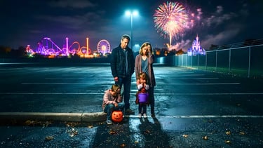 Disappointed family standing in a dark theme park parking lot at night with fireworks exploding in the background.