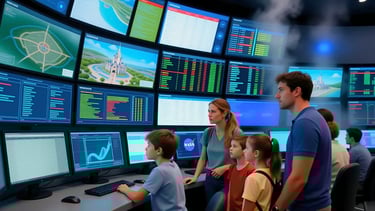 Family in NASA control room looking at screens with Disney castle maps for 2026 Disney World trip planning
