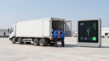Wide panoramic view of a clean humanitarian distribution site in bright daylight, a delivery truck with open doors, volunteers in blue vests, digital GPS telemetry interface overlaid on the right third