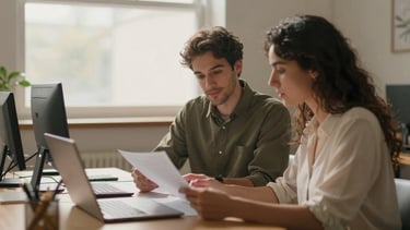Two colleagues of different backgrounds collaborating over documents in a quiet, sunlit workspace, medium shot, warm editorial style.