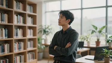 A thoughtful leader reflecting in a modern, plant-filled library, soft diffused window light, 35mm film aesthetic.