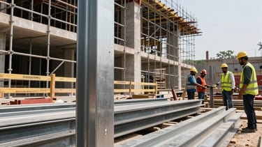 A professional photography shot of a modern South Asian construction site featuring scaffolding and high-grade steel fitting. The composition shows the scale of a building project under clear daylight, highlighting silver and charcoal building materials. In the background, South Asian contractors in professional safety gear manage the site, conveying reliability and expertise.