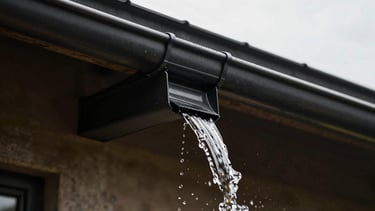 Macro detail shot of a heavy-duty black seamless aluminum gutter shedding water cleanly, high-contrast natural light, 35mm