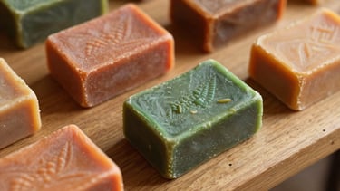 Gros plan macro sur des barres de savon artisanales en cours de séchage sur des étagères en bois brut, texture granuleuse visible, lumière douce.
