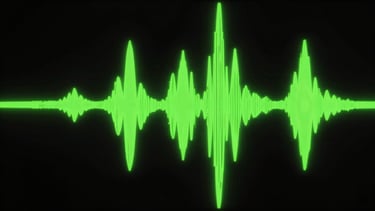 A high-contrast conceptual graphic of a digital audio waveform, glowing acid green neon lines on solid black background.