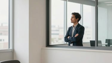 A professional photography shot of a bright, modern co-working space in a South American / Brazilian business hub. A professional individual is seen in the background looking through a large window with confidence. The scene is dominated by off-white and light blue tones, with clean lines and soft natural lighting that conveys empowerment and trust.
