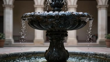 Extreme close-up of heavy classical fountain in a silent government courtyard, dramatic chiaroscuro lighting, dark slate and black tones.