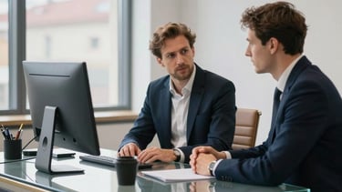 A high-end professional office setting in Bratislava, Slovakia, featuring a clean glass desk, dark blue and tan gold accents, soft natural light, and two professional consultants in smart attire discussing integrated business solutions. Photography style is crisp and modern.