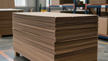 A clean, modern photography of a carton factory floor in Kuwait. High-quality stacks of corrugated cardboard sheets are organized neatly in a bright, professional facility. The scene is illuminated with natural light from high warehouse windows. The brand colors are represented by dark navy industrial shelving and orange safety markings on the polished concrete floor.