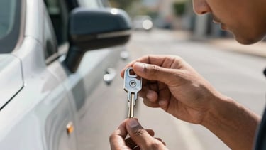 A professional South American / Brazilian locksmith at work, focusing on the detail of a silver car key being handled next to a modern vehicle. The lighting is bright and professional, highlighting the precision and trust of the service. Background shows a clean urban South American setting during the day.