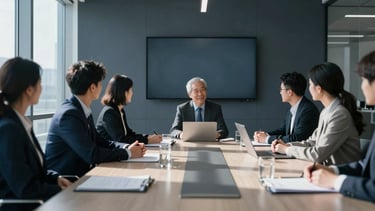 Cool daylight illuminating a modern collaborative meeting in a high-end corporate boardroom, architectural shadows, sharp focus, 35mm.
