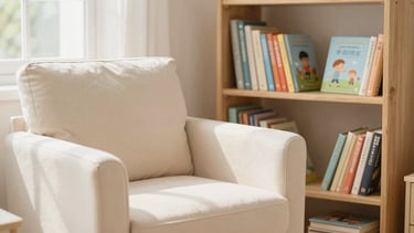 An aesthetic reading corner with a soft cream armchair, a wooden bookshelf filled with colorful children's books, soft natural light streaming through a window, warm pastel tones