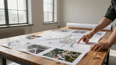 Wide environmental shot inside a sparse working room: a large wooden table holds hand-drawn diagrams and annotated aerial photographs pinned flat, two sets of hands visible from above pointing at different parts of the map, north-facing daylight through tall windows, deep shadows at the table edges, no faces, warm off-white wall in the background, a rolled paper diagram leaning against the far wall