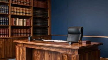 A high-end interior of a law firm office in Brazil, featuring a mahogany desk and a legal library with leather-bound books in the background. Soft, professional lighting illuminates the space. The composition includes slate blue and navy accents, conveying a South American executive style.