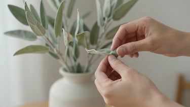 Editorial macro shot of artisan hands gently arranging delicate sage green branches in a textured neutral ceramic vase, soft morning light, shallow depth of field