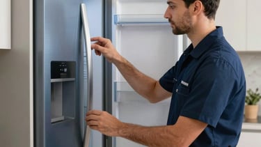 A professional technician in a clean navy blue uniform inspecting a modern refrigerator in a bright, contemporary Middle Eastern residential kitchen in Sharjah. Soft natural lighting, slate blue and white accents, high-quality professional photography.