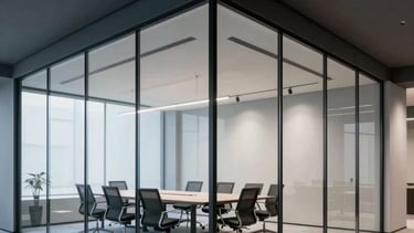 A high-end architectural photograph of a modern office interior in Central Europe, featuring a glass-walled meeting room, clean lines, and professional atmosphere. Soft lighting highlights materials like polished concrete and steel. The palette is dominated by Dark Slate Grey, Pale Blue Grey, and Very Light Grey.