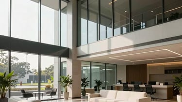 A wide-angle professional photograph of a contemporary corporate office lobby in Bengaluru, South Asian / Indian context. The architecture is sophisticated with glass facades and sleek minimalist furniture in off-white and slate dark tones. Soft natural morning sunlight fills the space, creating a trustworthy and global atmosphere.