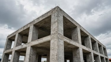 Low-angle heroic shot of massive concrete foundations and structural columns of an active infrastructure terminal under dramatic overcast skies.