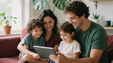 A warm, candid photograph of an international family in a bright, modern, plant-filled Scandinavian-style home, smiling together over a digital tablet, showcasing safety, wellness, and financial security. The scene is illuminated by soft, natural morning light coming through a large window. Accents of warm carmine red and deep forest green in the home decor tie into the brand colors. Shot on 35mm film, global / Brazilian and international.