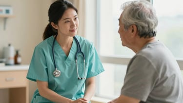A professional North American healthcare setting where a caregiver in soft aqua scrubs and an elderly patient are sharing a supportive, compassionate conversation. The room is filled with warm cream light from a large window. High-quality photography with a shallow depth of field reflecting a trustworthy and professional atmosphere.