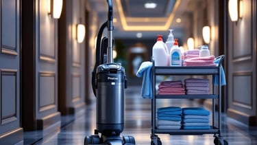 Professional vacuum cleaner and hotel housekeeping cart with towels in a luxury hallway.