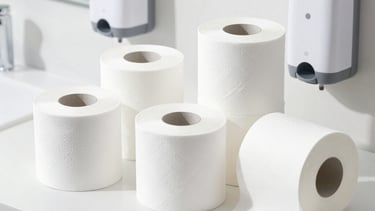 Stack of sanitary consumables including paper towels and toilet paper