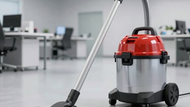 Professional vacuum cleaner and hotel housekeeping cart with towels in a luxury hallway.