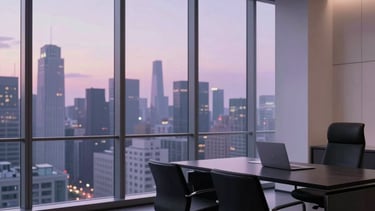 A high-end, minimal agency office space in a global metropolis. The room features floor-to-ceiling windows, sleek black furniture, and soft purple ambient lighting. In the background, a blurred international cityscape at dusk. Confident, premium, and results-driven aesthetic. Global / International.