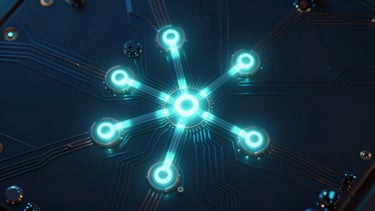 Overhead close-up of a dark circuit board under cold cyan directional light, five distinct processing nodes connected by glowing fiber traces converging at a central verification point, deep navy background, isolated bright zones highlighting node intersections, precision studio strobe on reflective copper traces