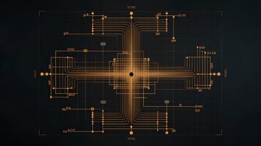 Technical vector network topology schematic, fine amber grid lines on a dark background, high-density telemetry, precise mathematical notation.