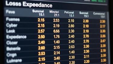 Structured cyber risk data table showing loss exceedance calculations, glowing amber numbers on a dark screen, financial terminal interface.