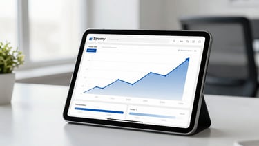 A clean tablet screen displaying a modern analytics dashboard with upward-trending line graphs, bright daylight workspace