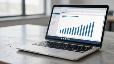 Close-up of a laptop displaying clean data metrics and bar charts, natural daylight reflecting on a polished concrete desk