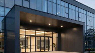 A high-end architectural shot of a modern industrial manufacturing facility entrance. Minimalist design with dark charcoal steel panels and a steel-blue glass facade. Clean concrete paths, soft evening lighting, professional atmosphere. Global / International English-speaking corporate setting.
