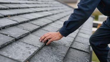 A close-up photograph of a professional roofer in dark blue attire inspecting a high-quality slate roof. The lighting is soft and bright, highlighting the texture of the grey tiles and the precision of the work. Western European residential setting, clean and modern aesthetic with a focus on craftsmanship.