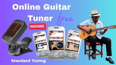 A man playing acoustic guitar next to mobile phones displaying a free online guitar tuner app.