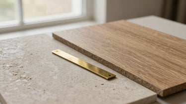 Close-up of a tactile material palette showing honed stone, wire-brushed oak grain, and a sliver of patinated brass, soft diffused daylight, 35mm lens