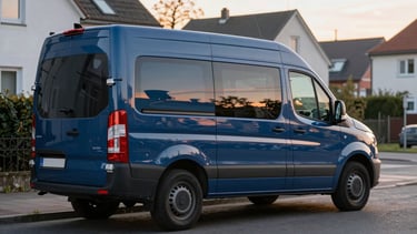 A clean, modern locksmith service vehicle parked on a quiet residential street in Bochum during golden hour, soft warm light reflecting off the vehicle's polished surface