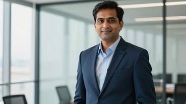 Professional corporate portrait of a confident South Asian / Indian male executive, wearing a sharp suit, standing in a modern office with glass walls, bright natural lighting, professional, trustworthy, dark blue and light blue color palette.