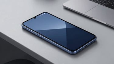 A high-angle professional photograph of a sleek, modern workstation in a North American / US tech office. A premium Android device with a minimalist screen interface rests on a clean gray surface. The lighting is bright and airy, featuring subtle reflections in steel blue and deep navy tones.