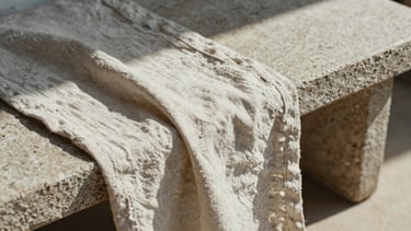Close-up of textured raw linen fabric draped over a stone bench, harsh natural light casting deep linear shadows across the weave, 35mm film grain