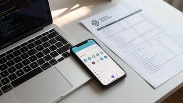 Wide shot of a desk workspace from above — an Android phone displaying a clean app interface, a laptop with code visible on screen, and a printed test checklist beside it, all under soft natural window light on a light grey surface