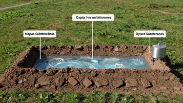 Esquema limpio de capas de tierra, mostrando napas subterráneas y el flujo de agua cristalina tratada desde un biodigestor. Luz brillante, alto contraste.