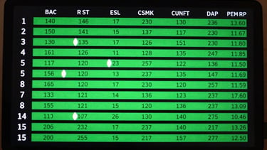 Extreme close-up of a numerical match history grid showing 15 rows of virtual football results, cycle position indicators and lag counts in monospace type on a near-black surface, neon green cells marking pattern breakpoints, studio precision overhead framing, zero ambient warmth, no faces or crowds