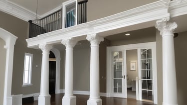 Smiling painter ready with brush and ladder in front of a home.