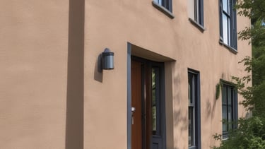 Brightly painted house exterior under a clear blue sky.