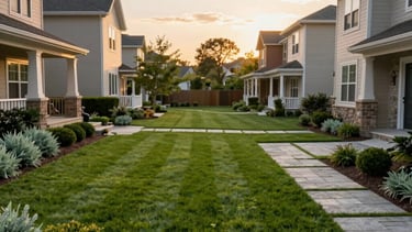 A professional wide-angle photograph of a pristine residential backyard in a North American suburb. The scene features a perfectly striped green lawn, elegant stone pavers, and a border of sage green and dark green ornamental shrubs. The lighting is the soft golden hour of a late afternoon, conveying a serene and sophisticated atmosphere.