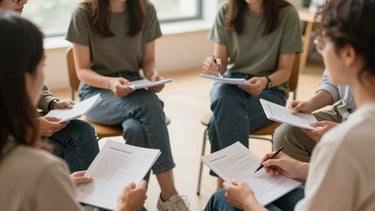 Candid medium shot of a small circle of educators sitting in a warm, sunlit room, hands holding printed guides, discussing actively, soft natural light, shallow depth of field, 35mm